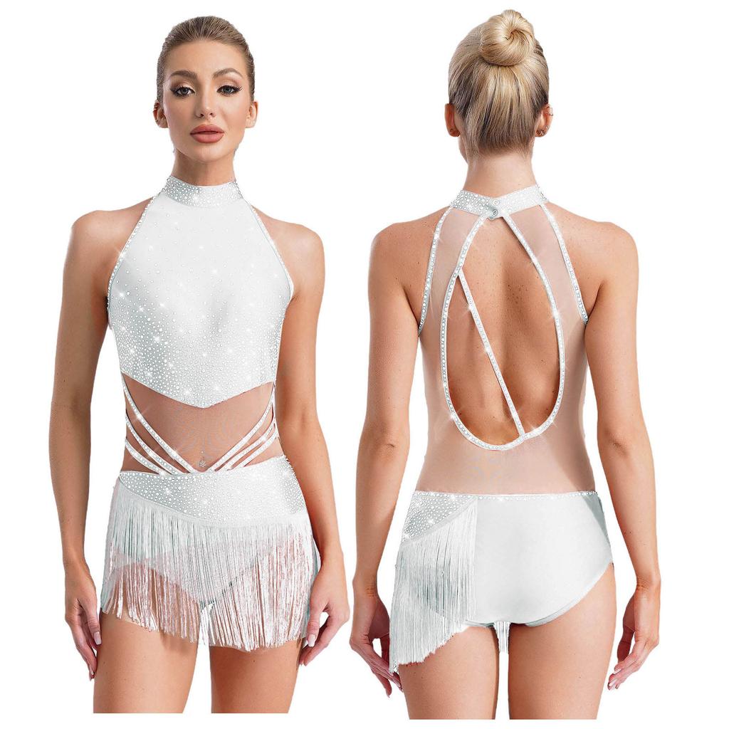 Womens Rhinestones Latin Dance Performance Gymnastics Figure Skating Costume Jazz Dance Outfits Tassels Adorned Leotard Bodysuit