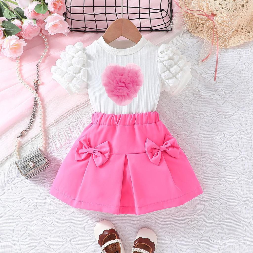 New Girls' Puff Short Sleeve Top with Heart Bow Short Skirt Set Fashion Set