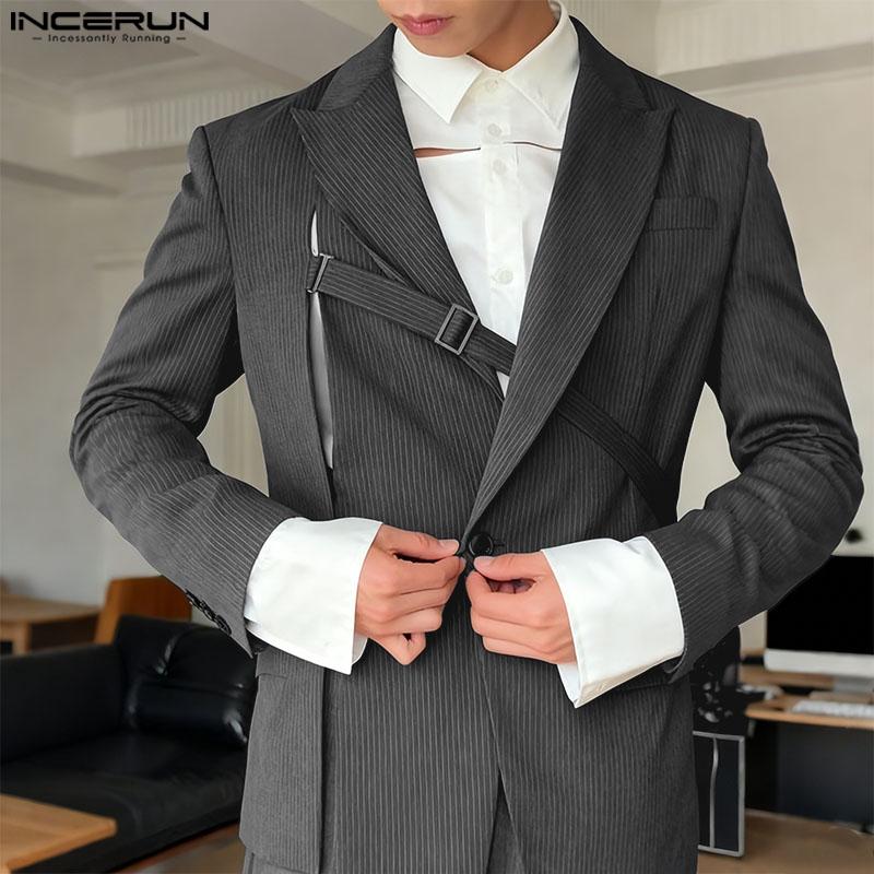 INCERUN Men Notched Lapel Long Sleeve Striped Cutout Front Cross Party Thin Blazer Coats