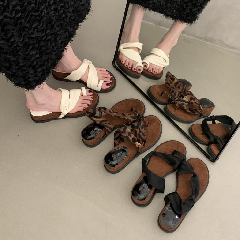 Soft Leather Version~ French Retro Fairy Style Vacation with Skirt Cool Slippers Female Round Head with Simple Roman Shoes