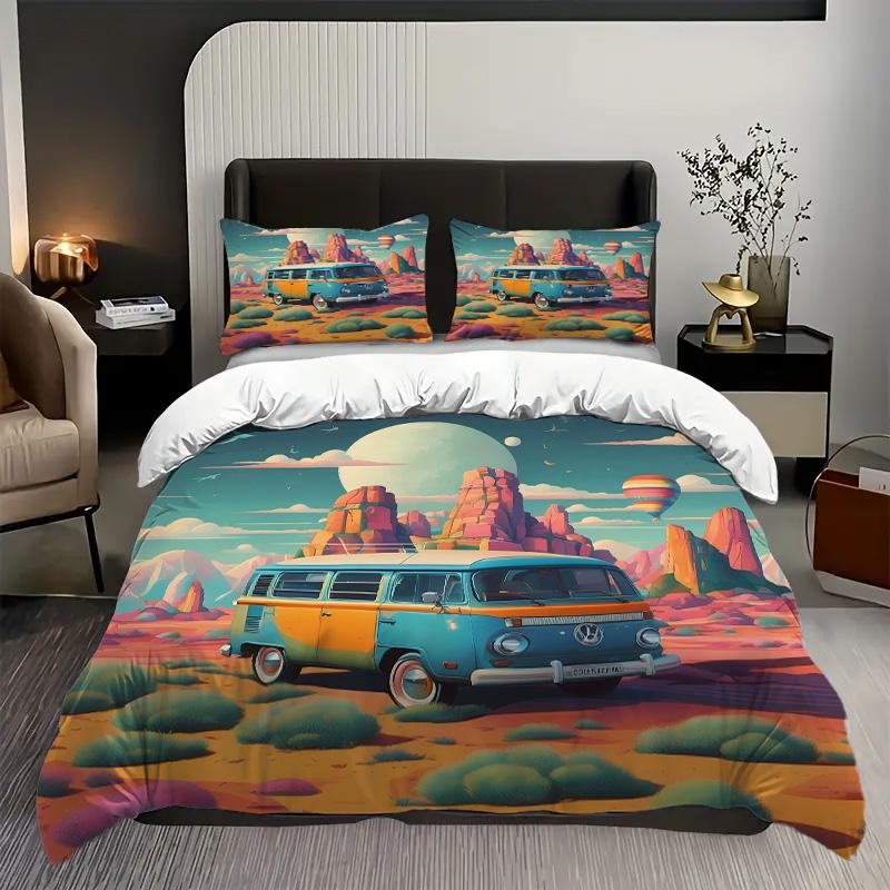 Wohnmobil Muster 3D Gedrucktes Bettbezug Set Cartoon Stil Bettwäsche Set Luxuriöse Heimtextilien Bequemer Bettdeckenbezug Kissenbezug