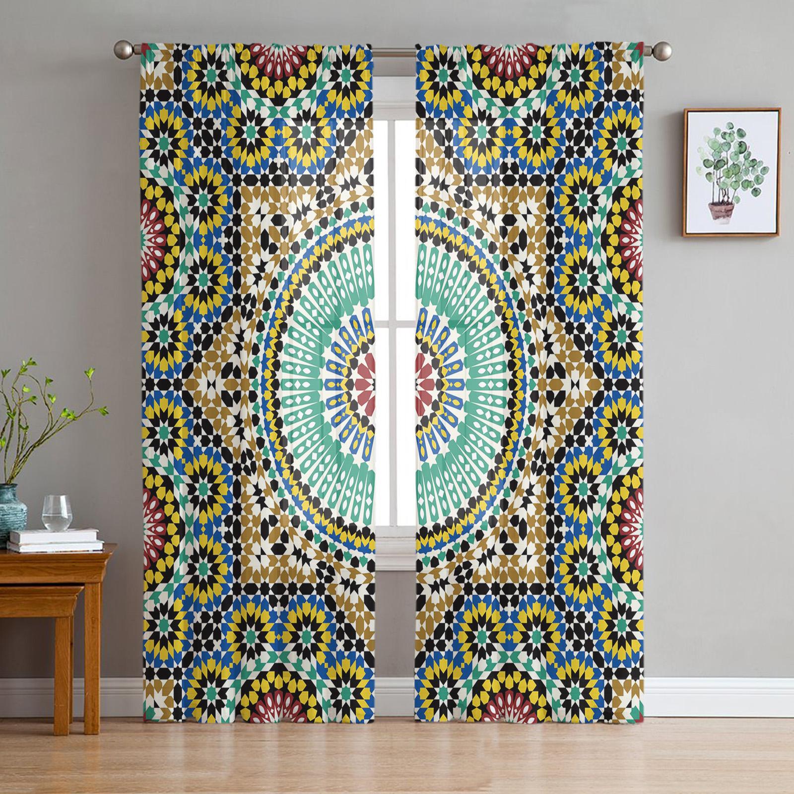 

Bohemian Mandala Design Translucent Drapes for Living Room Contemporary Voile Drape Bedroom Space Tulle Drapes Window Opening Curtains Decor 1 PCS W100XH250cm&Grommet Top