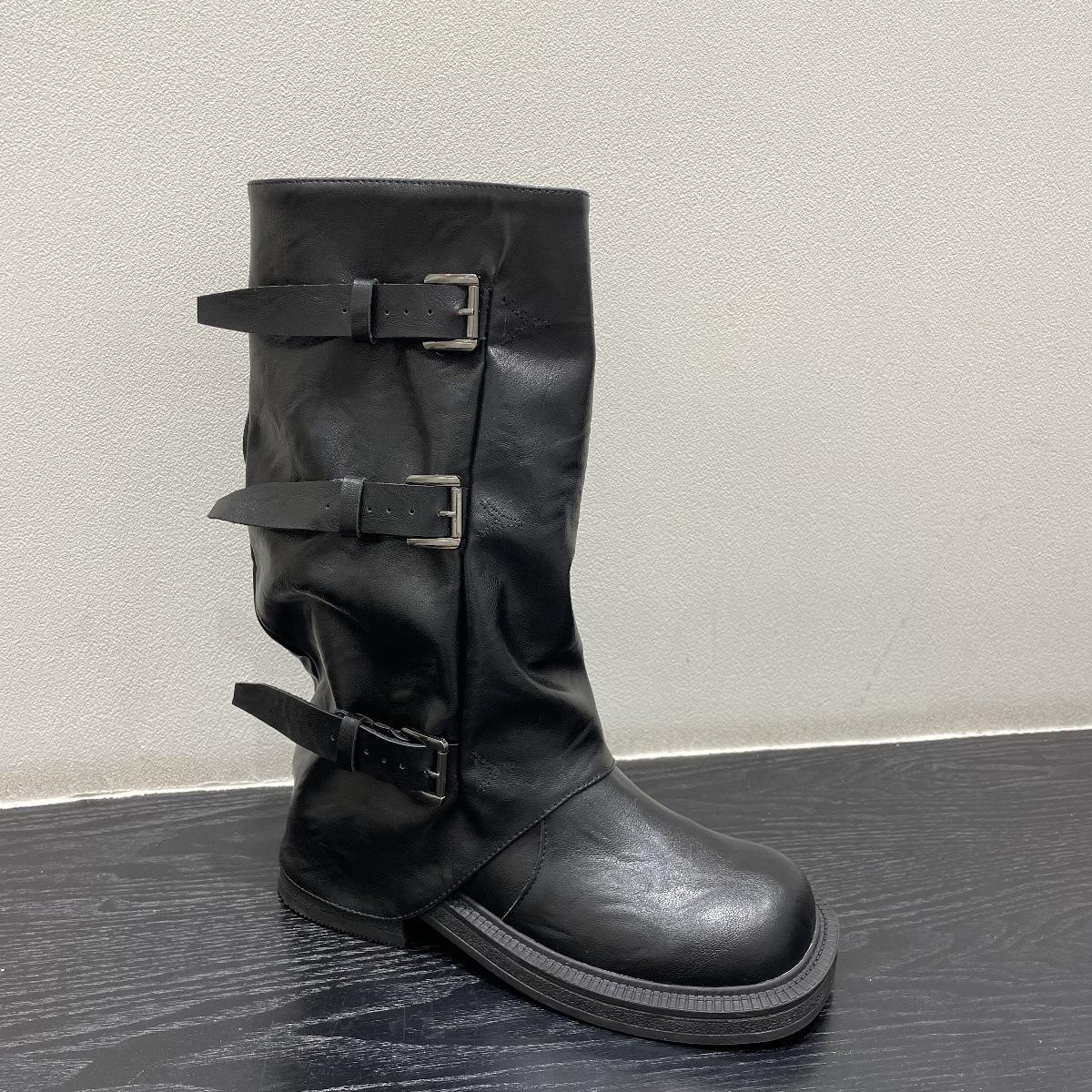 

Cowhide niche retro thick heel mid-height boots western cowboy pile boots knight boots martin boots French women s boots 36