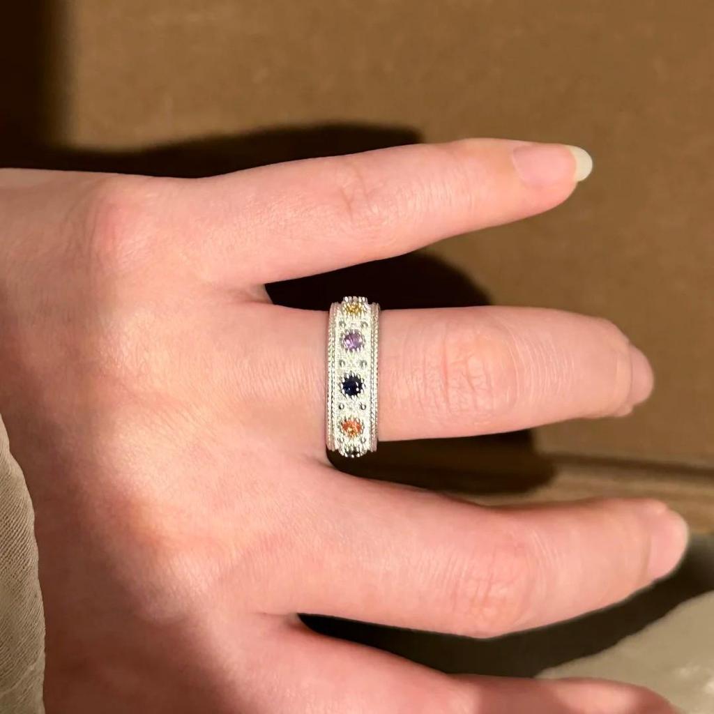 Brushed Color Cubic Zirconia Ring: Women's Light Luxury, Retro, Colorful Trendy Index Finger Ring, Couple Matching