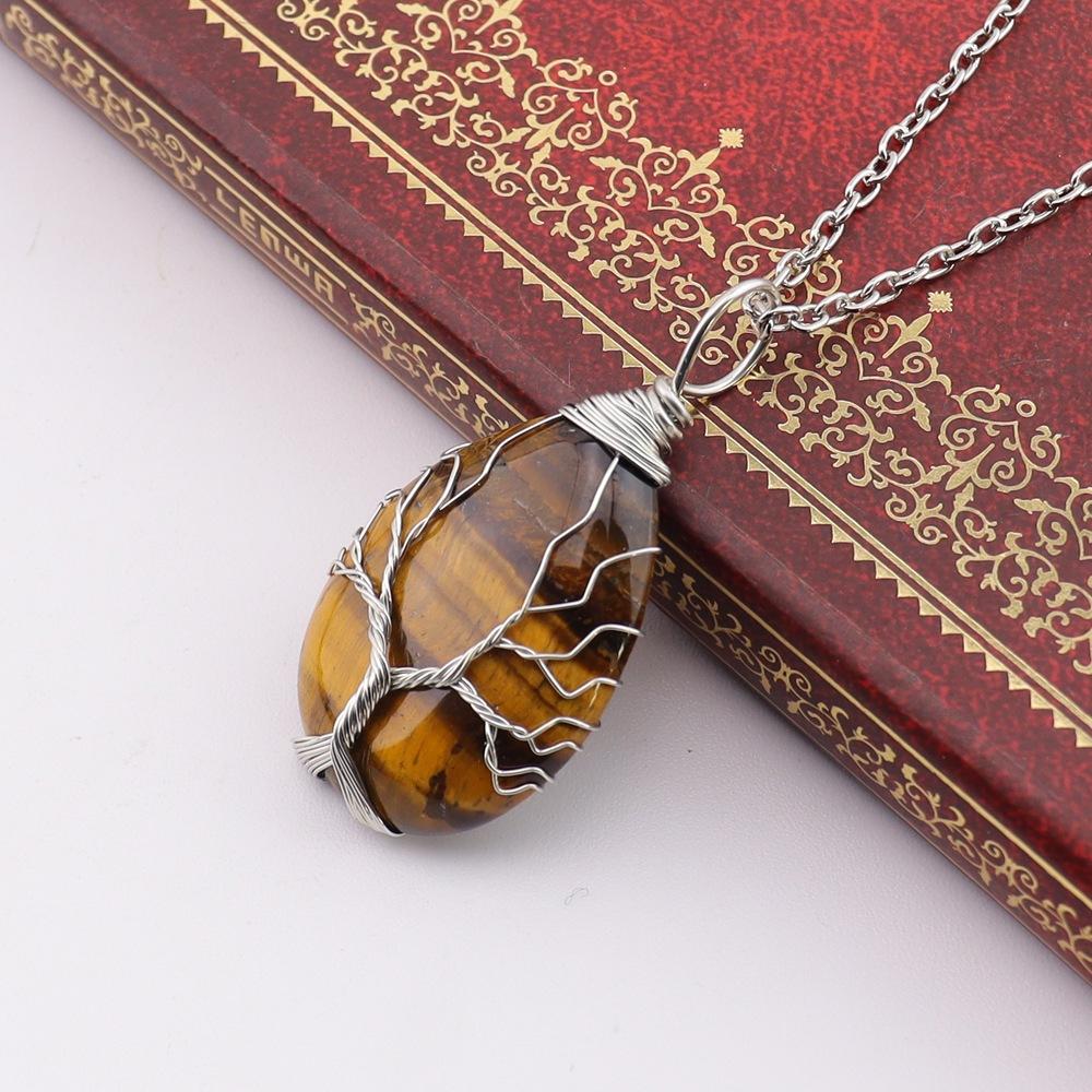 Natural Stone Crystal Agate Water Drop Winding Silk Tree Of Life Pendant Necklace Sweater Chain Water Drop Rough Stone N779