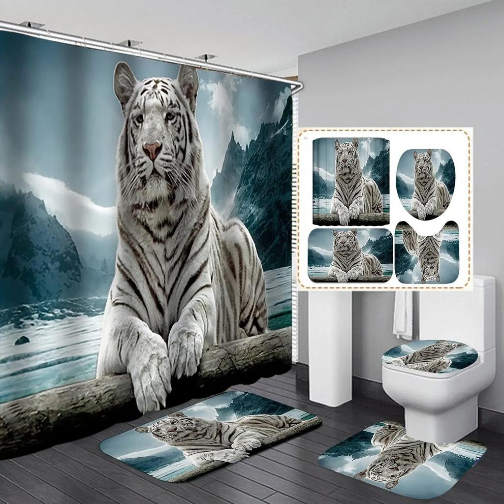 Black Tiger Animals Printed Shower Curtain Set Bathroom Bathing Screen Anti-Slip Toilet Lid Cover Carpet Rugs Kitchen Home Decor