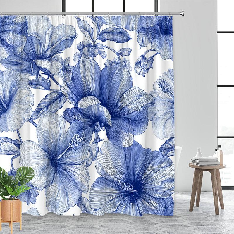 1Pc Blue Hibiscus Botanical Floral Pattern Shower Curtain, Polyester Fabric, Machine Washable, Suitable For Bathroom Decoration