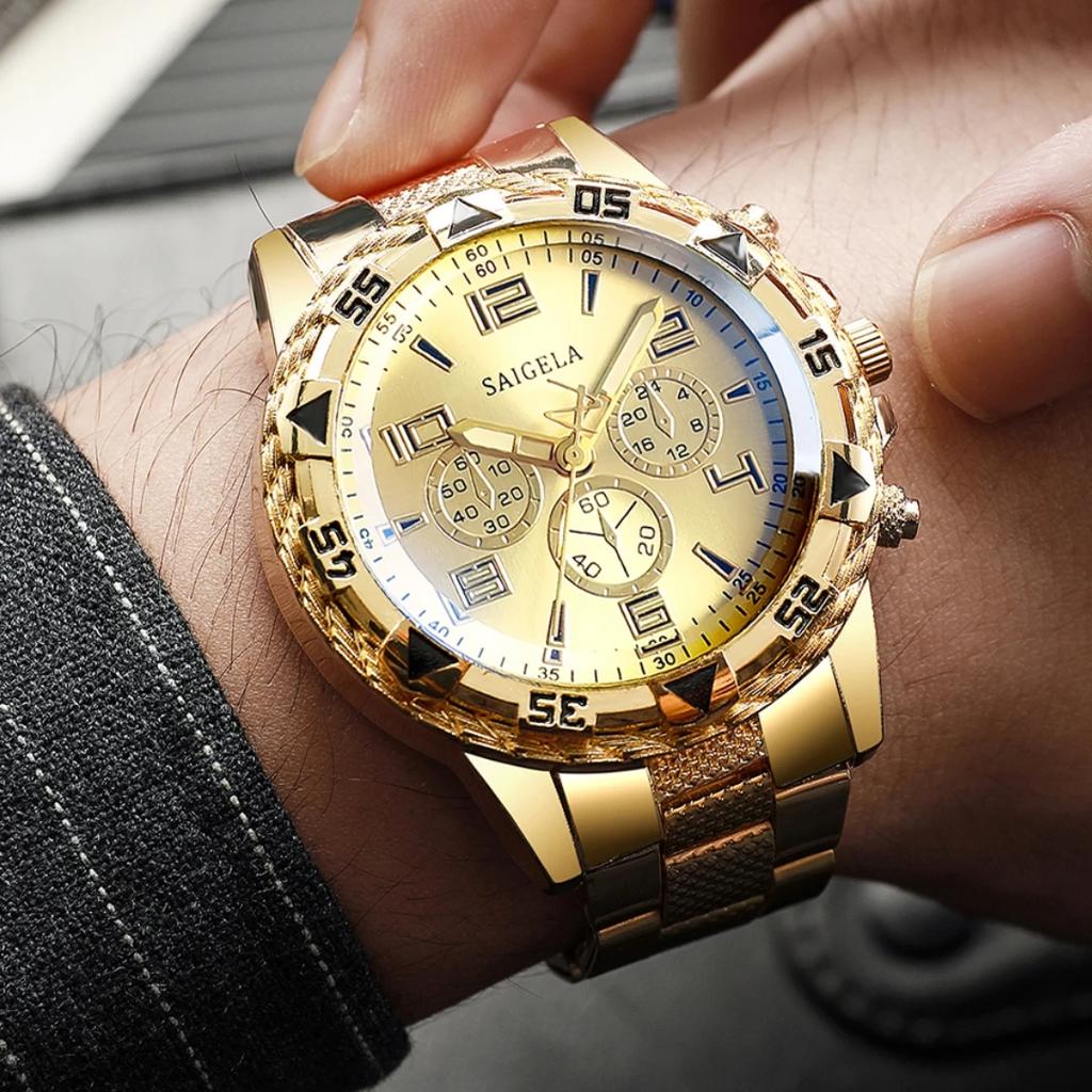 2 Stück/Set Mode Herrenuhr Hip Hop Falsche Drei Augen Rundes Gehäuse Stahlarmband Quarzuhren Set (Box nicht im Lieferumfang enthalten)