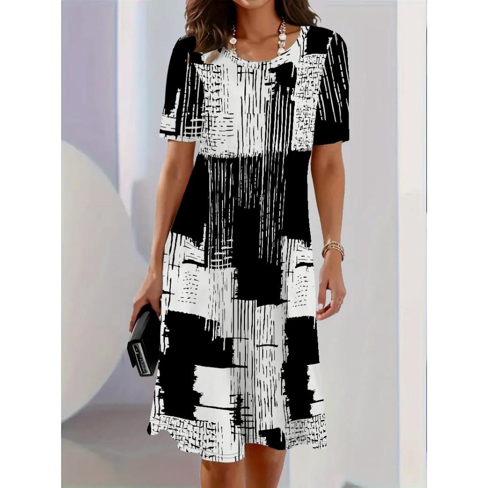 Women's Daisy Print Faux Denim Midi Dress Summer Casual Short Sleeve Fake Button Front A Line