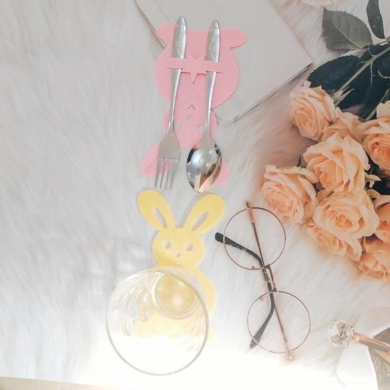 12pcs Rabbit Shaped Cutlery Set Felt Egg Table Decoration Easter Knife and Fork Bag Cutlery Bag Easter Decoration