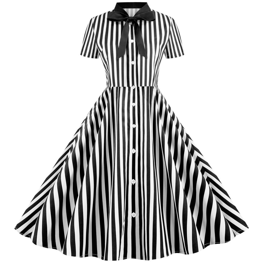 European-American Striped Patchwork Bow Party Swing Dress for Women
