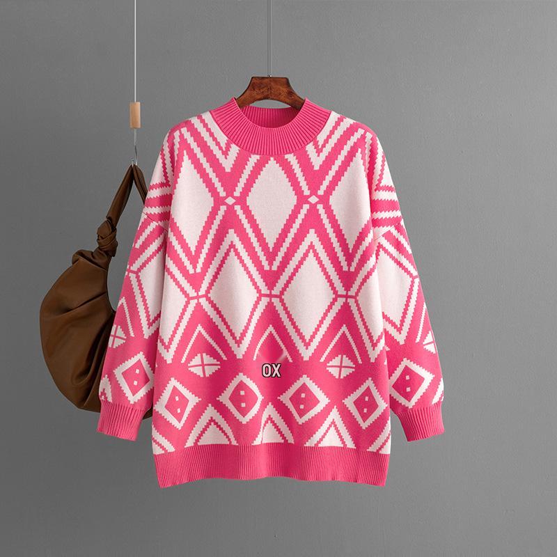 2023 Autumn/Winter Women's Geometric Jacquard Round Neck Sweater - Loose Fit, Medium-Long Knit Top