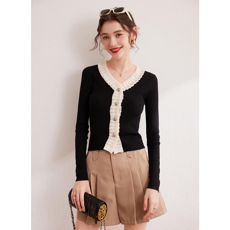 Bailuyu Women's V-Neck Color-Block Knitted Cardigan