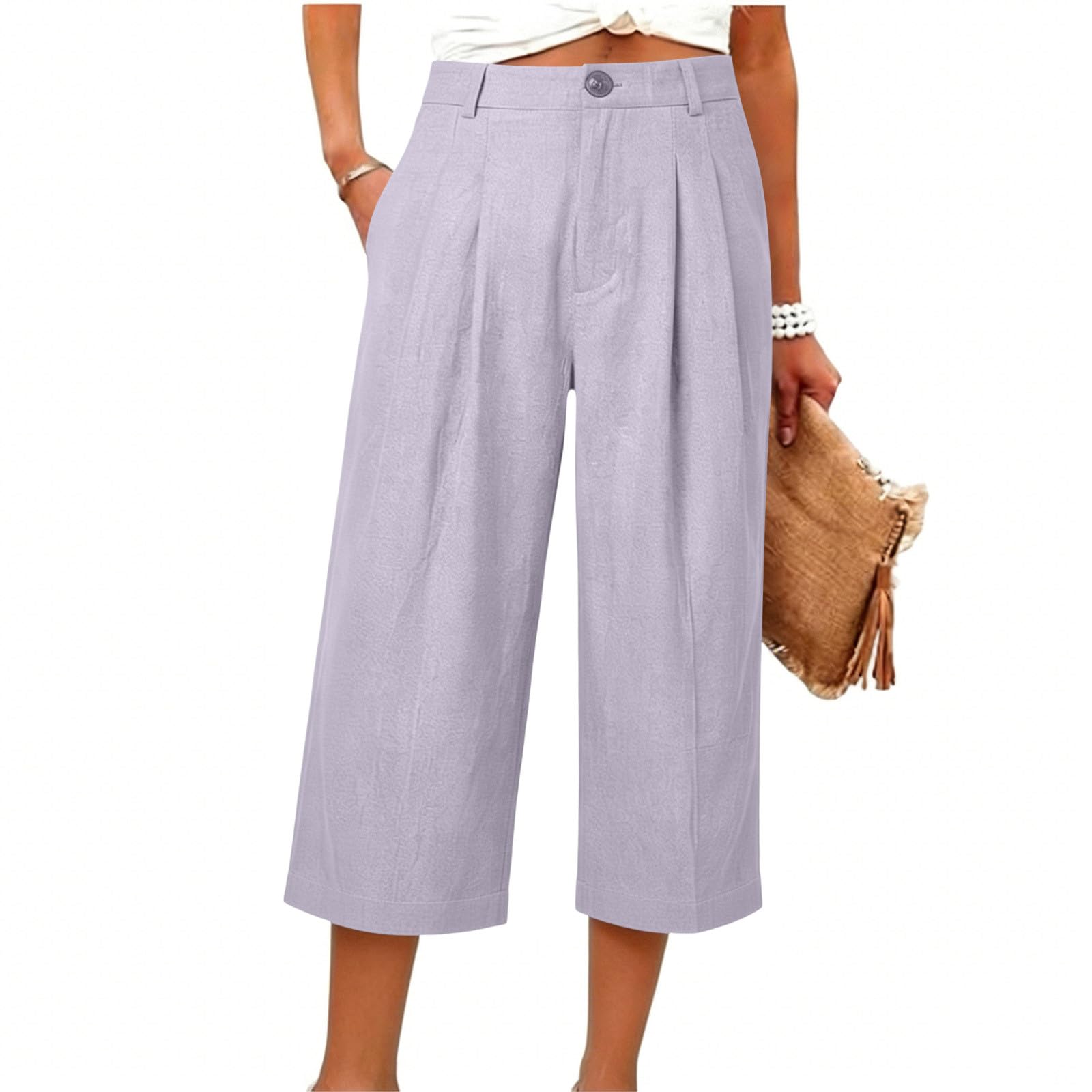 

Women’s Wide Leg Cropped Pants High Waist Button Front Loose Fit Trousers with Pleated Detailing and Belt Loops for Daily Wear L