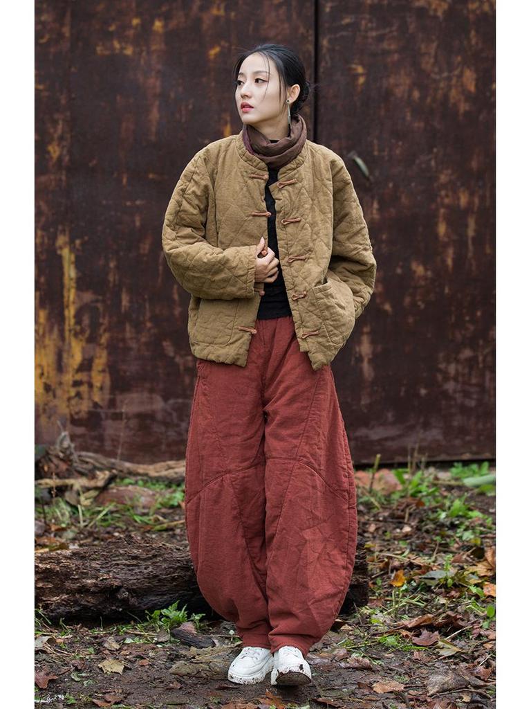 Women's Winter Ramie Quilted Diamond Pattern Cotton Coat with Frog Buttons - Bohemian Style