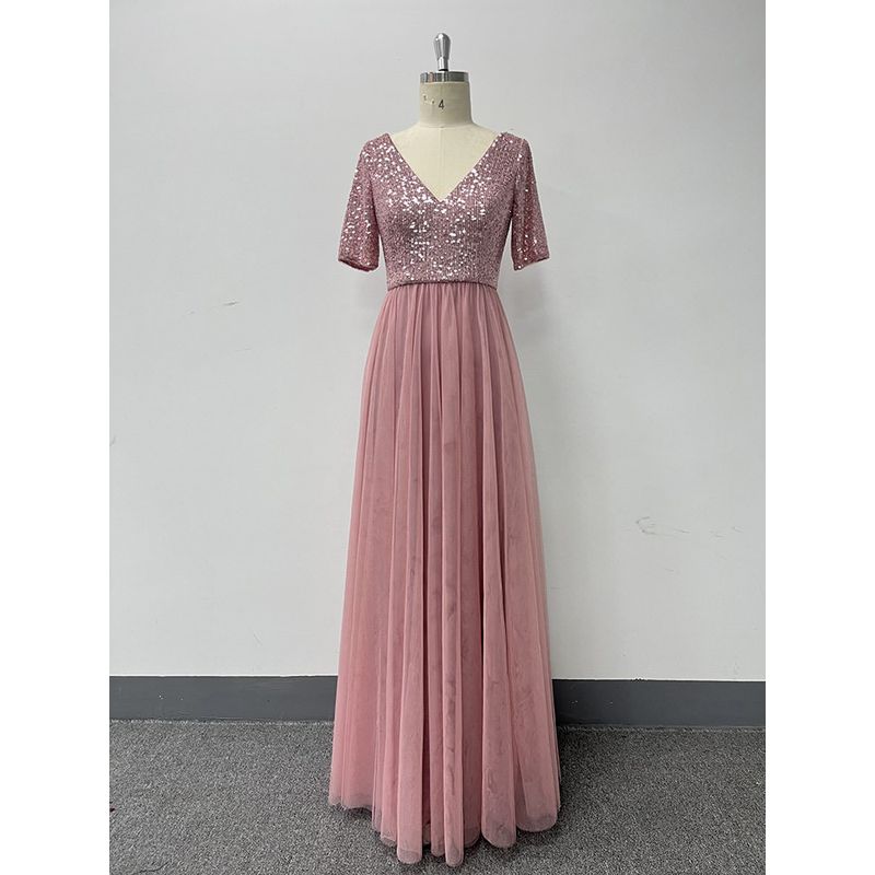 Evening Dresses Short Sleeve Party Dress Sexy Fashion Wind Formal Dress Lotus Color S