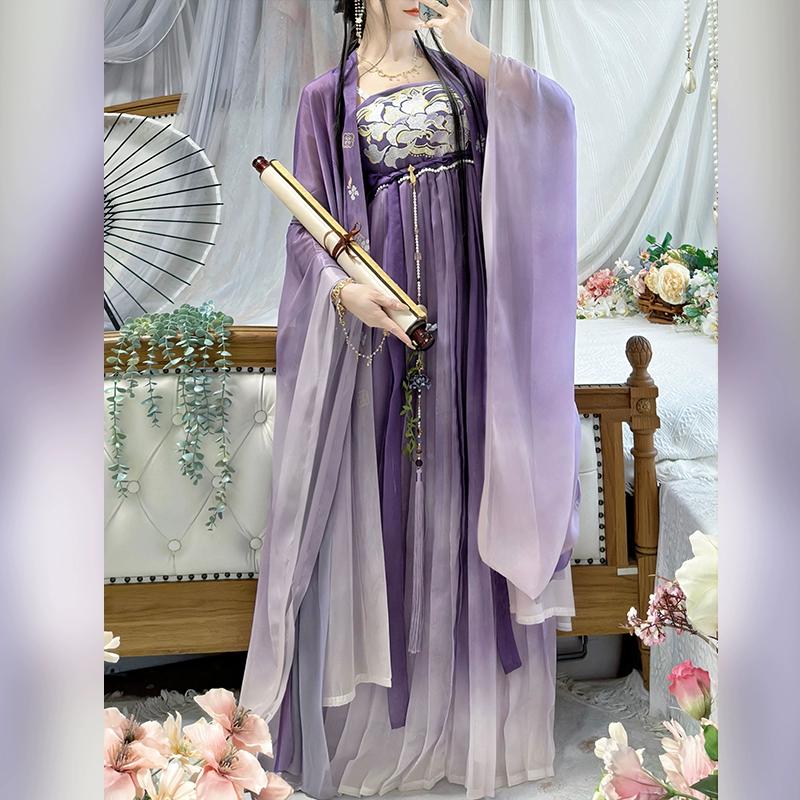 Hanfu Viola Stile Cinese per Donna, Abito HE ZI a Petto e Camicia a Maniche Larghe Ricamata Quotidiana