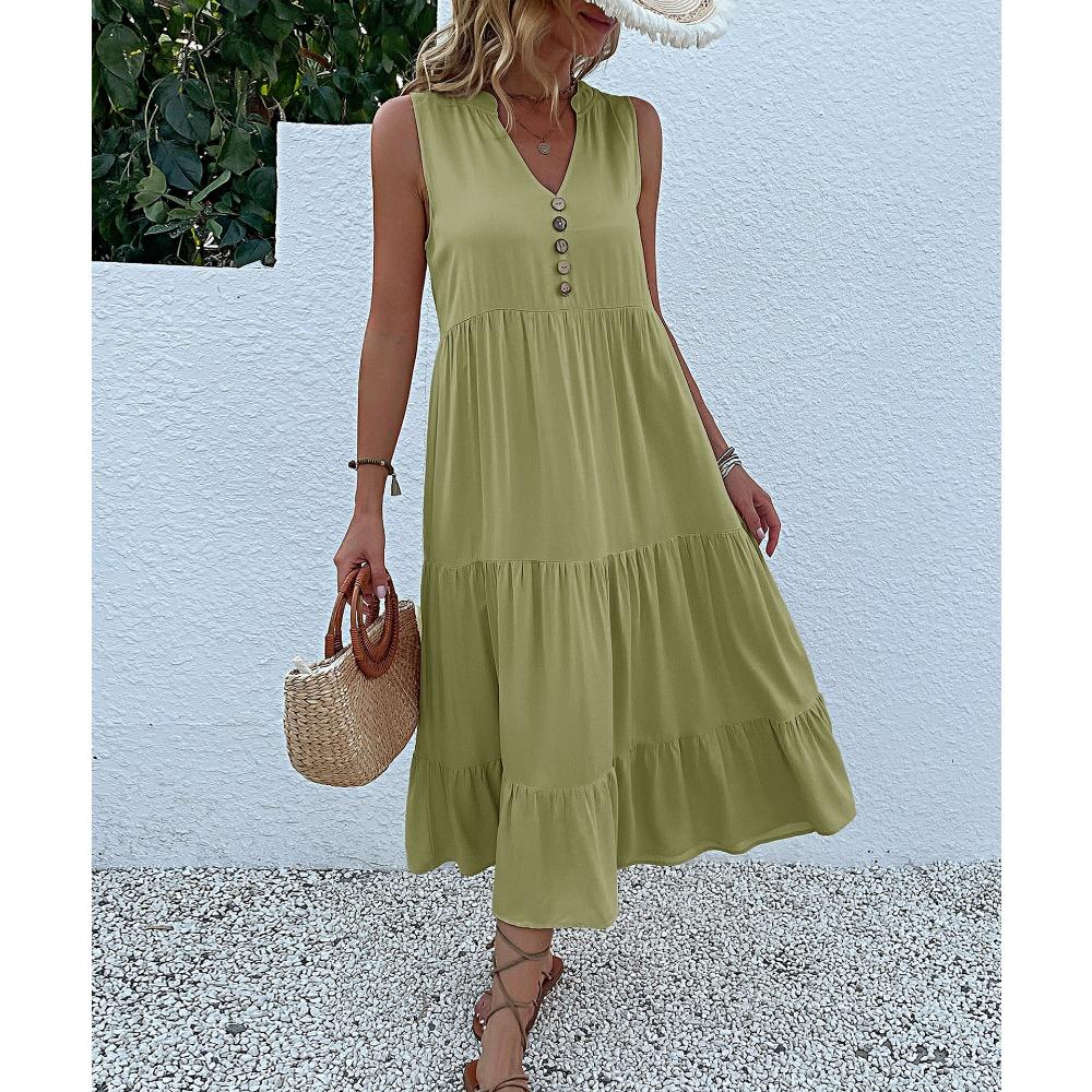 Women Solid Printed Sleeveless V Neck Casual Dress Spring Summer Fashion Daily Wear