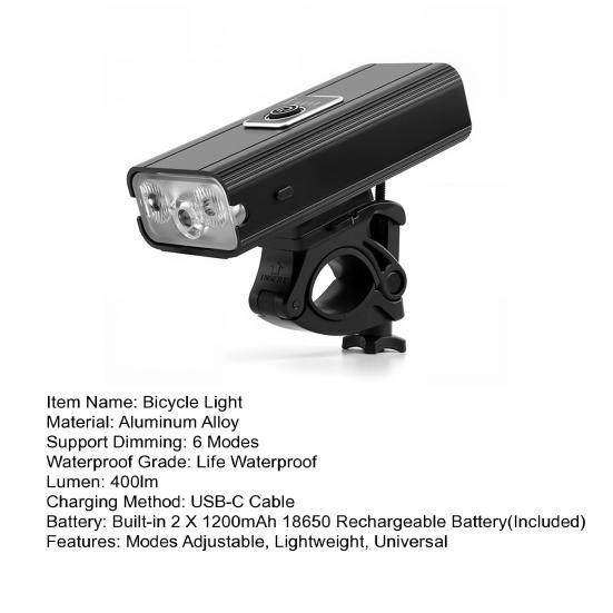 Bicycle Headlight USB Rechargeable 6 Modes Adjustable 400LM Waterproof Universal MTB Road Mountain Bike Night Riding Front Lamp