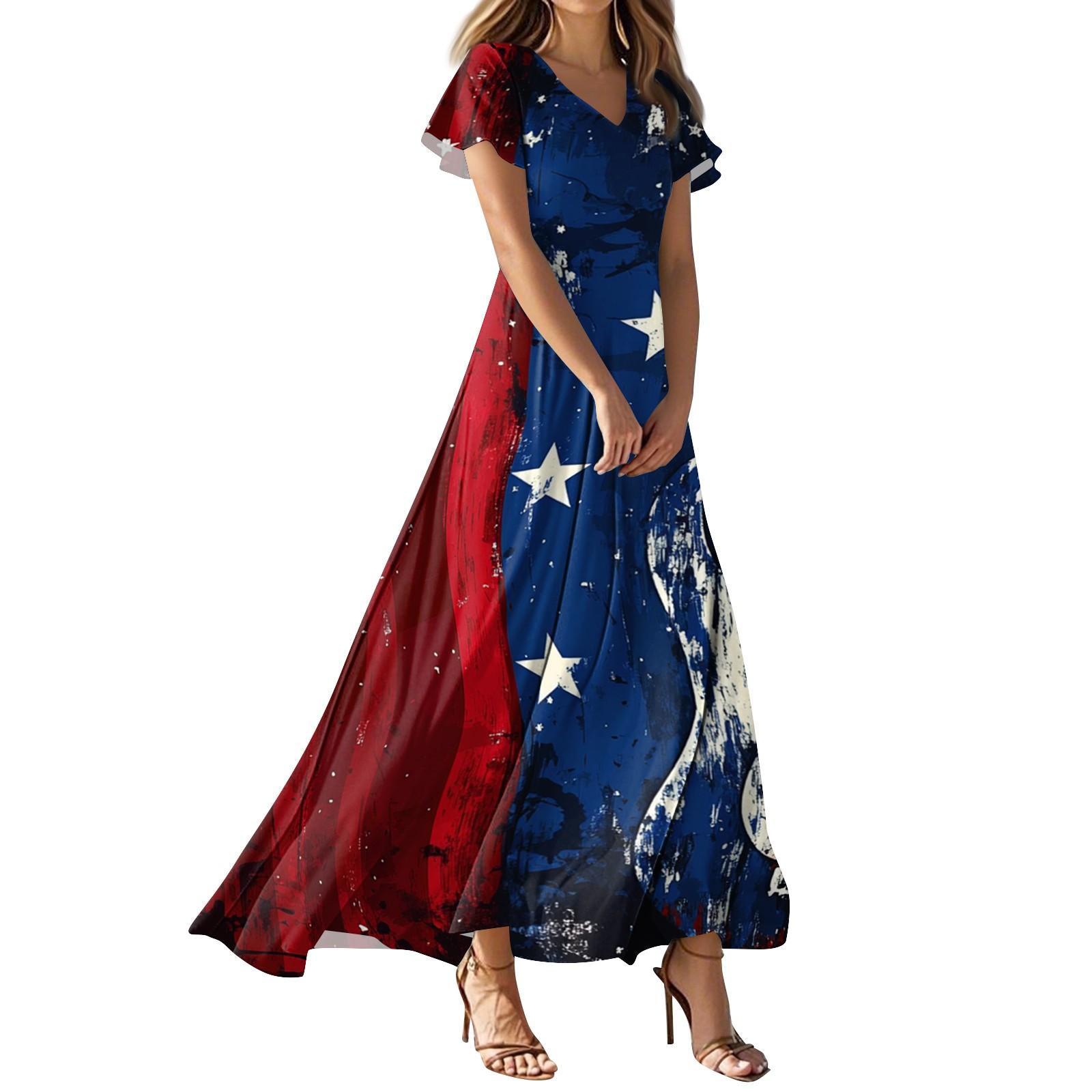 

Жіноча повсякденна сукня з V-подібним вирізом і високою талією, принтом прапора на День незалежності S винний