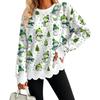 Women's Christmas Print Crewneck Sweatshirt with Scalloped Wavy Hem Casual Holiday Top