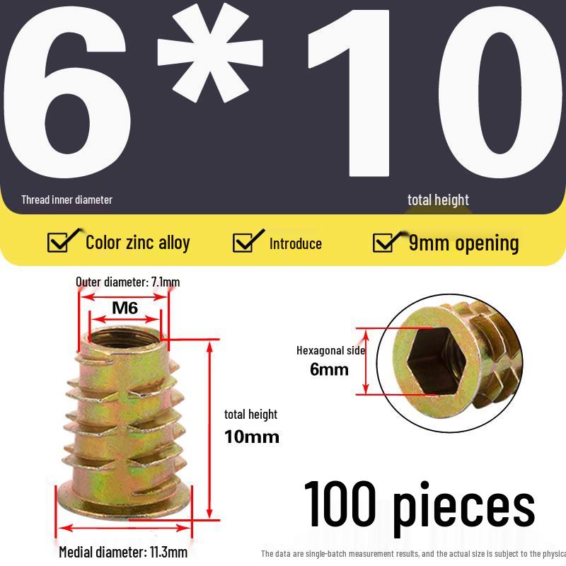 Zinc Alloy Hex Self-Tapping Nut with Washer for Furniture, Internal/External Thread, Medium Wood, Sizes M4-M8.