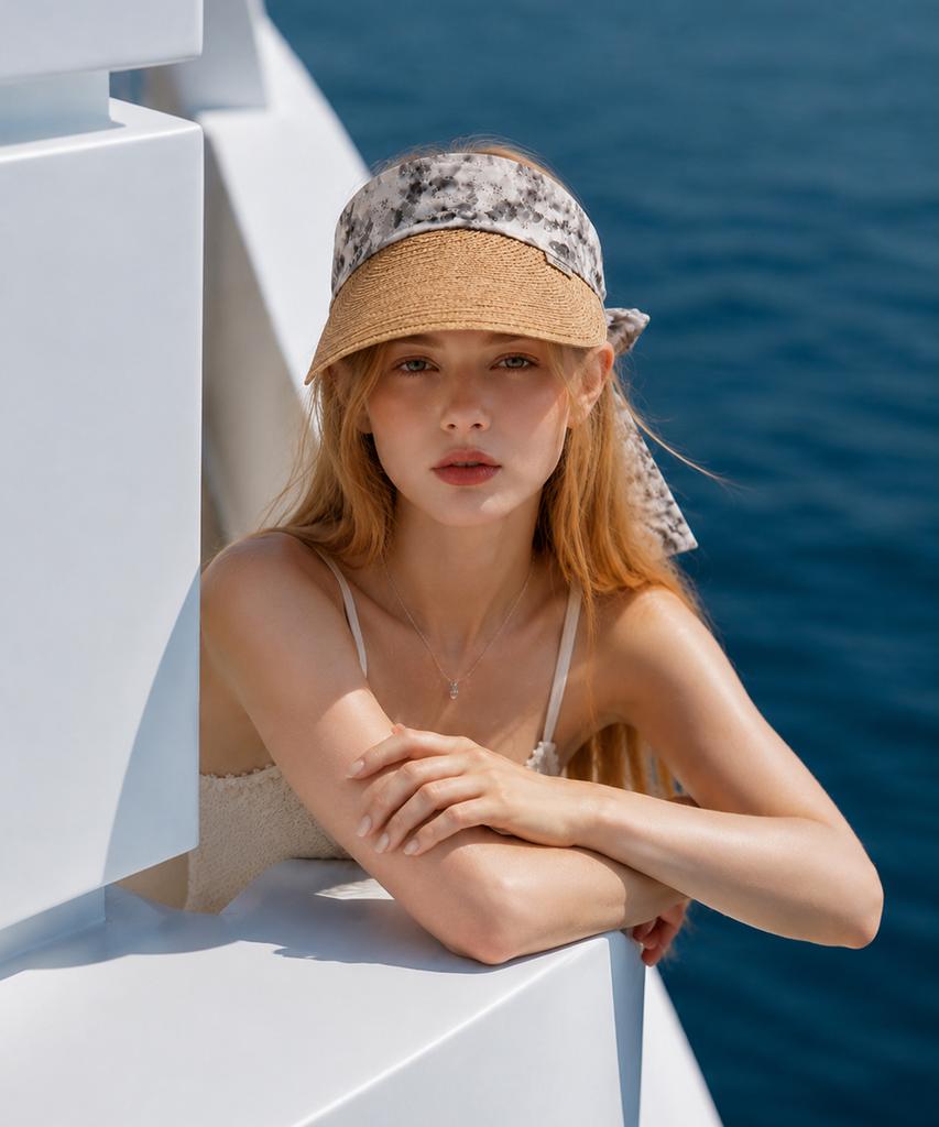 Emdijiti Floral Scarf Raffia Sun Visor _Beige [Mdf3Uen002]