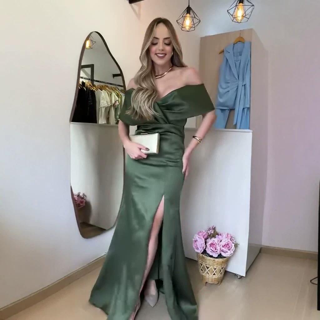 Spring and Autumn New European Beautiful Women Sleeveless Waist Off-the-shoulder Dress One-word Collar Hip-wrapped Split Long Dress