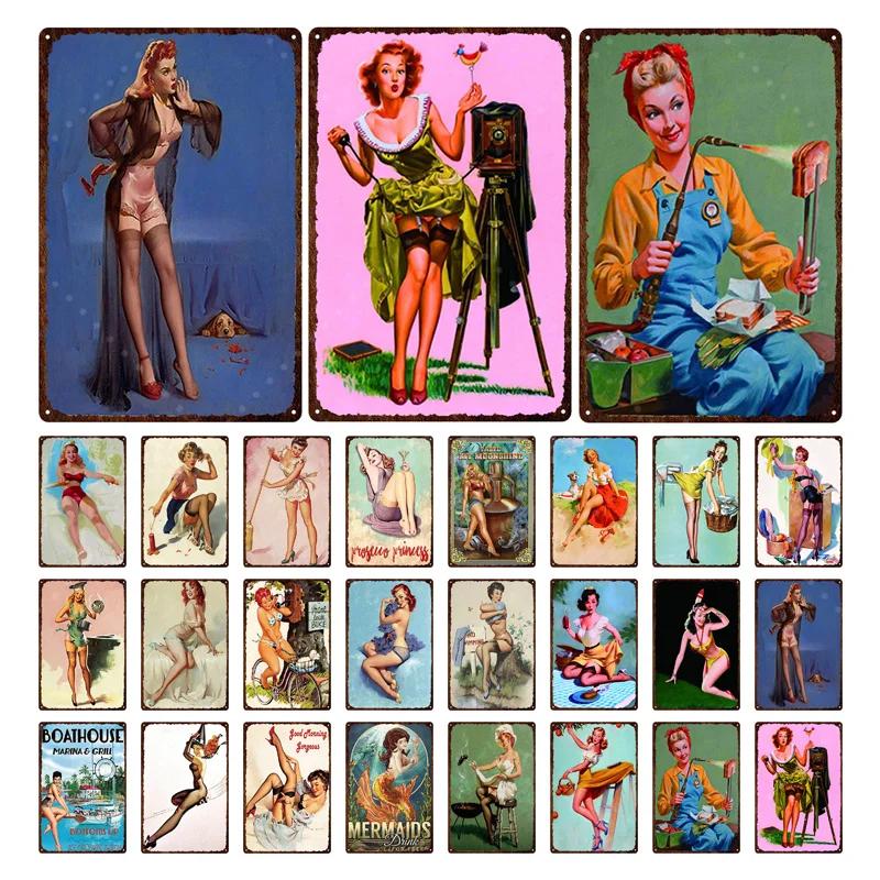 Iron Painting Elegant Pin Up Girl Retro Posters Tin Sign Metal Sign Decor Wall Women Portrait Bar Pub Club Man Cave Pictures