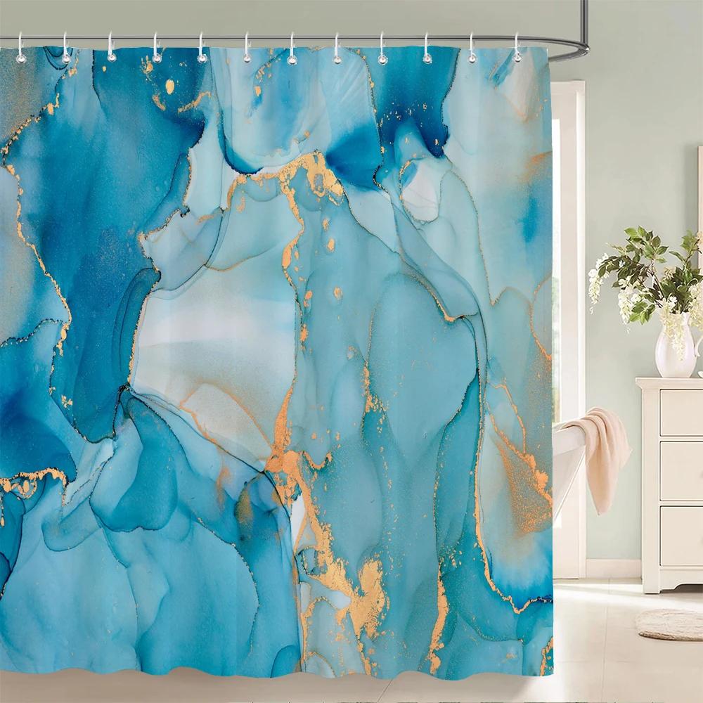 Blue Gold Marble Ink Texture Shower Curtain Abstract Modern Shower Curtain for Bathroom Decor with Hooks 3D Bathroom Screen