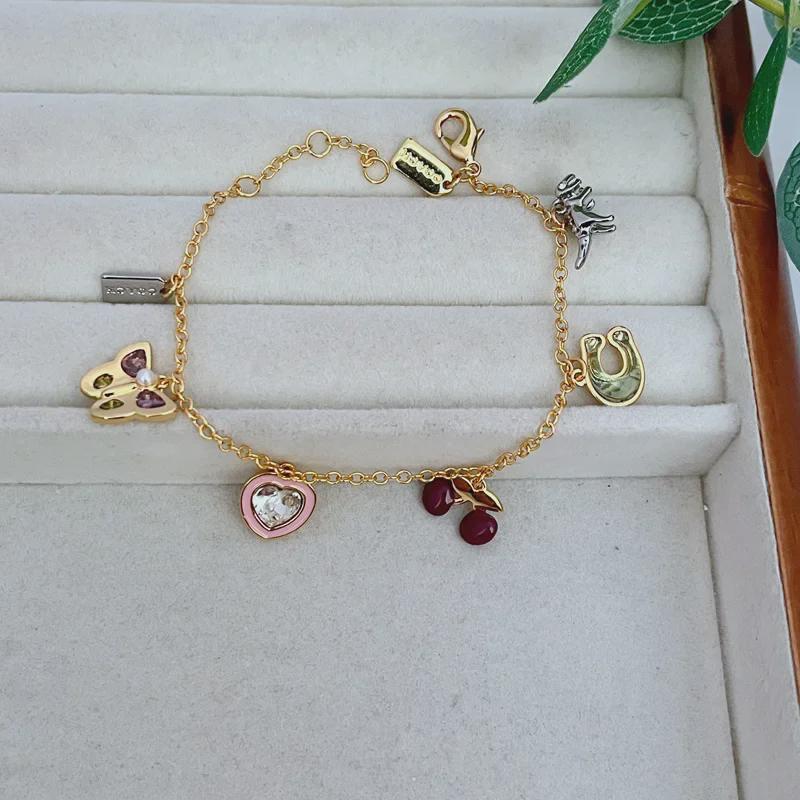 Set Collana Bracciale Smaltato Affascinante Cartone Animato Ciliegia & Dinosauro Amore