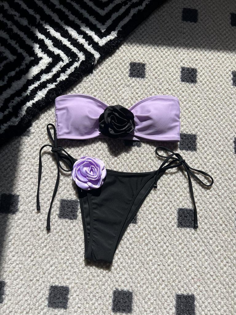 Rose Tie-Dye Color Block Two-Piece Swimsuit with Drawstring Lace-Up Bikini, European and American Style, Strapless Design 