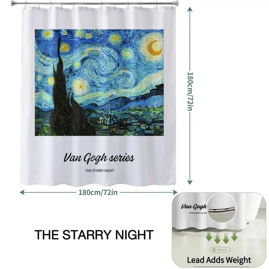 1pc Van Gogh-Inspired Artistic Shower Curtain Liner - Perfect for Bathroom Decoration - Includes 12 Hooks