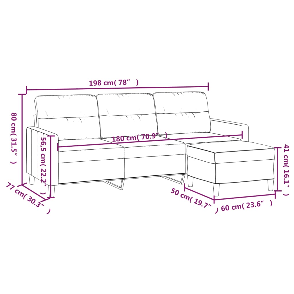 Vidaxl 3-Seater Sofa with Footstool, Light Gray, 180 Cm, Fabric