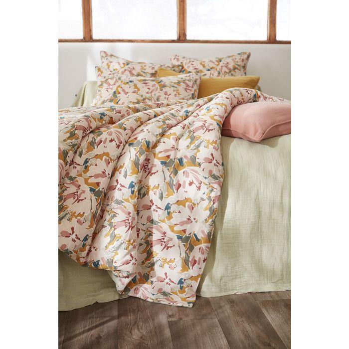 Housse De Couette - CLARENCE - 240 X 260 Cm - Double Gaze De Coton - Motif Floral - Vert D’eau