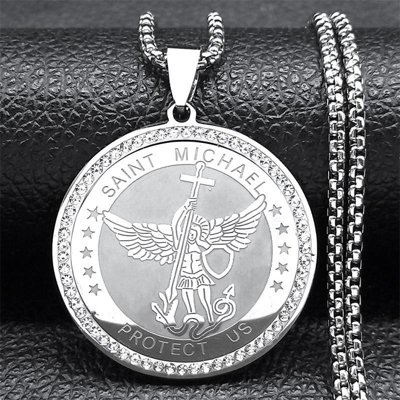 Saint Michael Archangel Medallion Necklace for Women Men Stainless Steel Gold Color Knight Shield Chain Jewelry colar NZZZ507S02