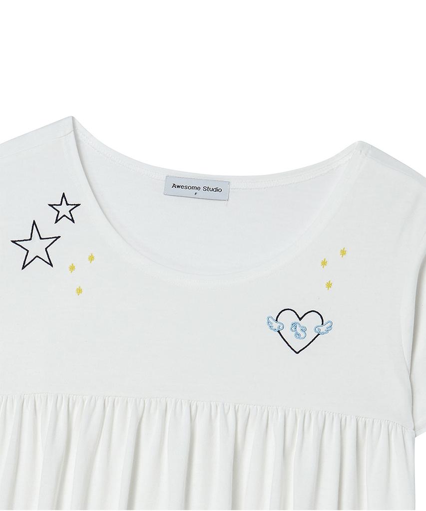 AWESOME STUDIO Kitsch Embroidered Shirred T-Shirt Ivory