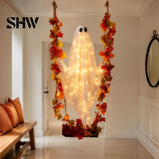 Geheimnisvolle Feiertagsfensterdekorationen Schwingender Geist Außen Dekoration, Große Halloween Hänge mit Ahornblatt Spukbaum Schmuck Ranken Lichter