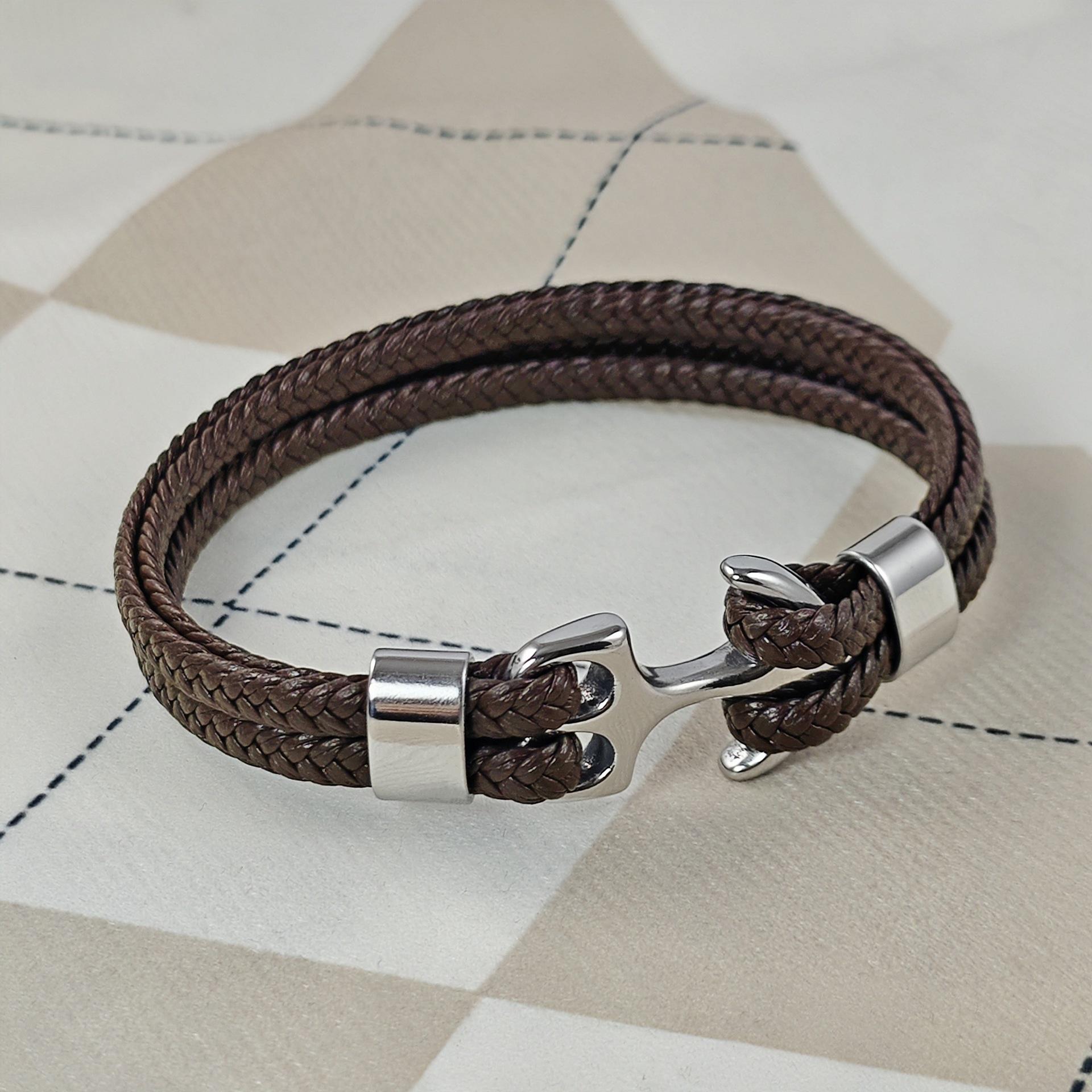 

Мужской европейский и американский браслет из нержавеющей стали с якорем и коровьей кожей