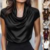 Spring Autumn Women's Satin Cowl Neck Blouse Short Sleeve Elegant Casual Work Top
