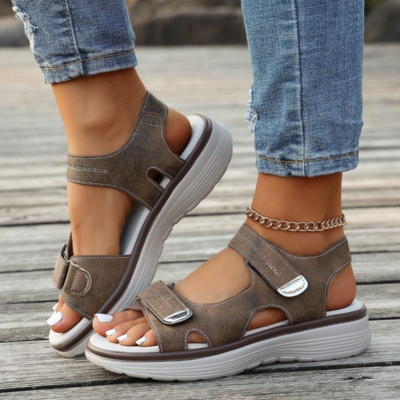 Plus Size Women Sporty Hook & Loop Peep Toe One Strap Casual Sandals