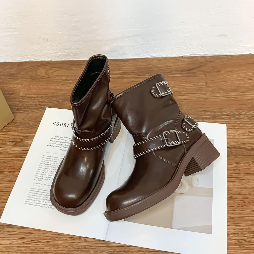 Grape mother retro polished knight boots short belt buckle old thick heel British style short boots comfortable platform women's boots