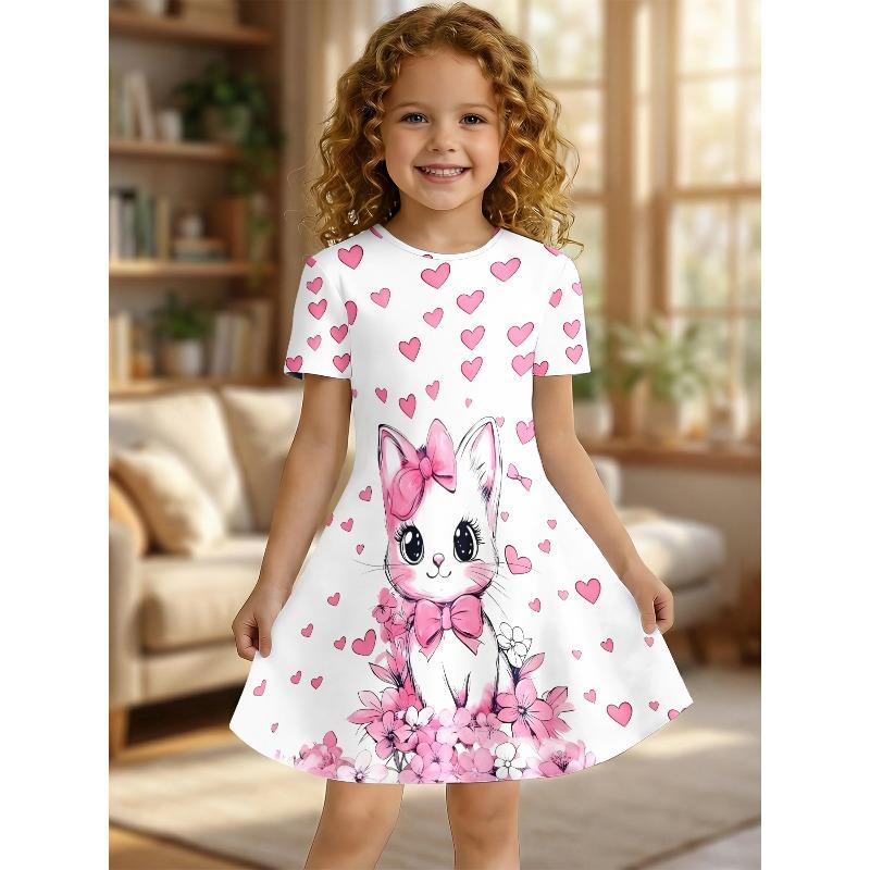Cute Cat and Pink Heart-shaped Printed T-shirt Dress, Children's Animal Lovers Floral Casual Dress Suitable for Birthday Gifts