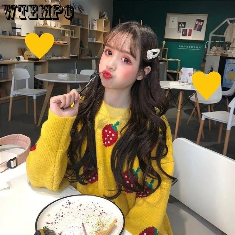 WTEMPO Women's Long Sleeve Fall Strawberries Sweater Cute Girl Knitwear Loose Crewneck Knitted Jumper Pullover Knitting Tops