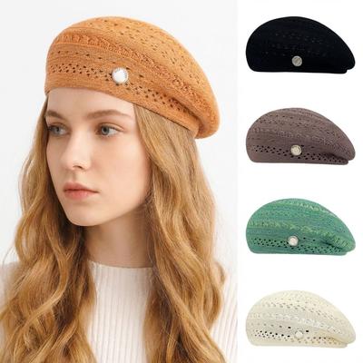 Japanese Style Weave Painter Hat Fresh Color Elegant Beach Cap Hollowed Out Beret Hat  Women Girls