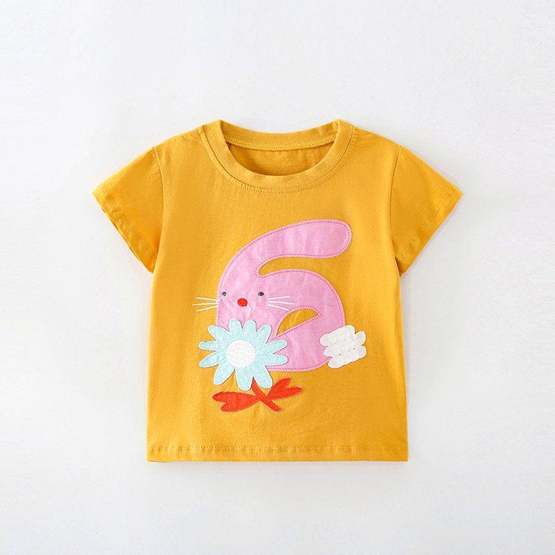 Girls' Short-Sleeved T-Shirt Pure Cotton Cute Cartoon Patch Kidsren's Baby Fashionable Half-Sleeved Top 2025 Spring and Summer New Style