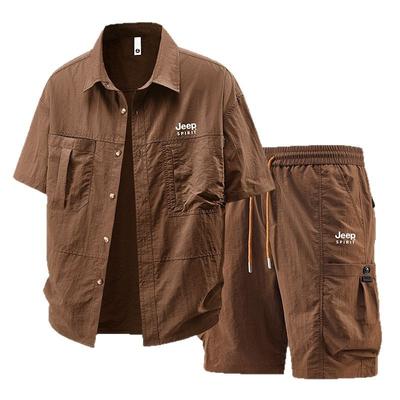 Summer Ice Silk Short Sleeve Set Men's Short Sleeve Shirt Five Leg Pants Workwear Set