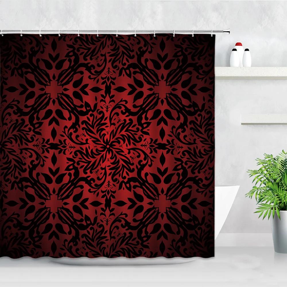 Elegant Red & Black Damask Print Waterproof Shower Curtain - Stylish, Durable & Easy-Care Choice for Classic Bathroom Décor