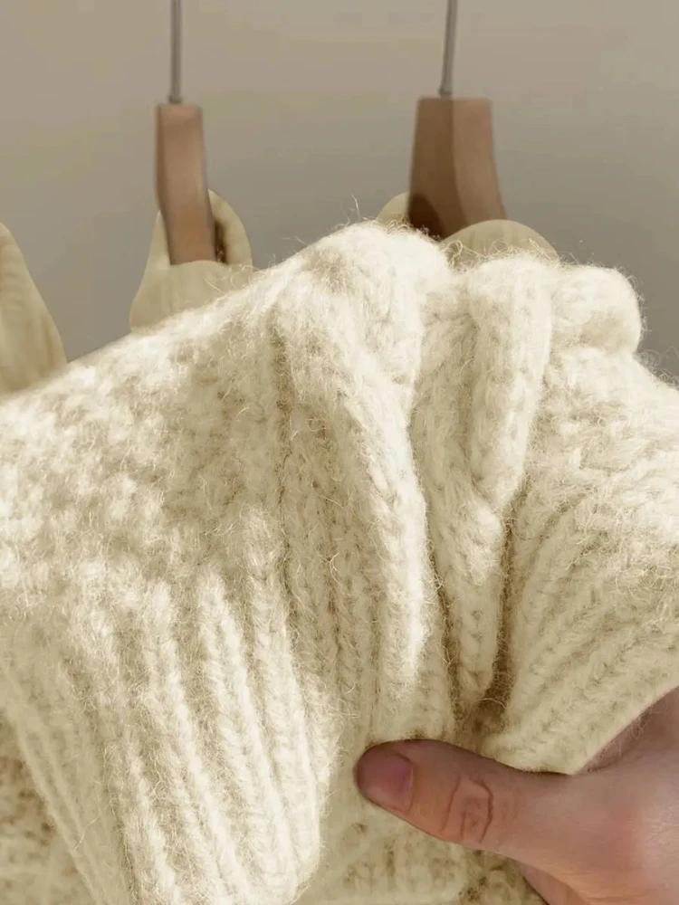 Japanese Retro Korean Off White Fried Dough Twists Sweater Women Thickened Outer Loose Lazy Style Thin Wool Knitting Top Female