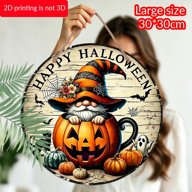 2D Flat, 1pc Joyful Halloween Aluminum Round Sign, Gnome Pumpkin Cup Happy Halloween Print, Rustic Style Metal Door Wall Hanging, No Electricity